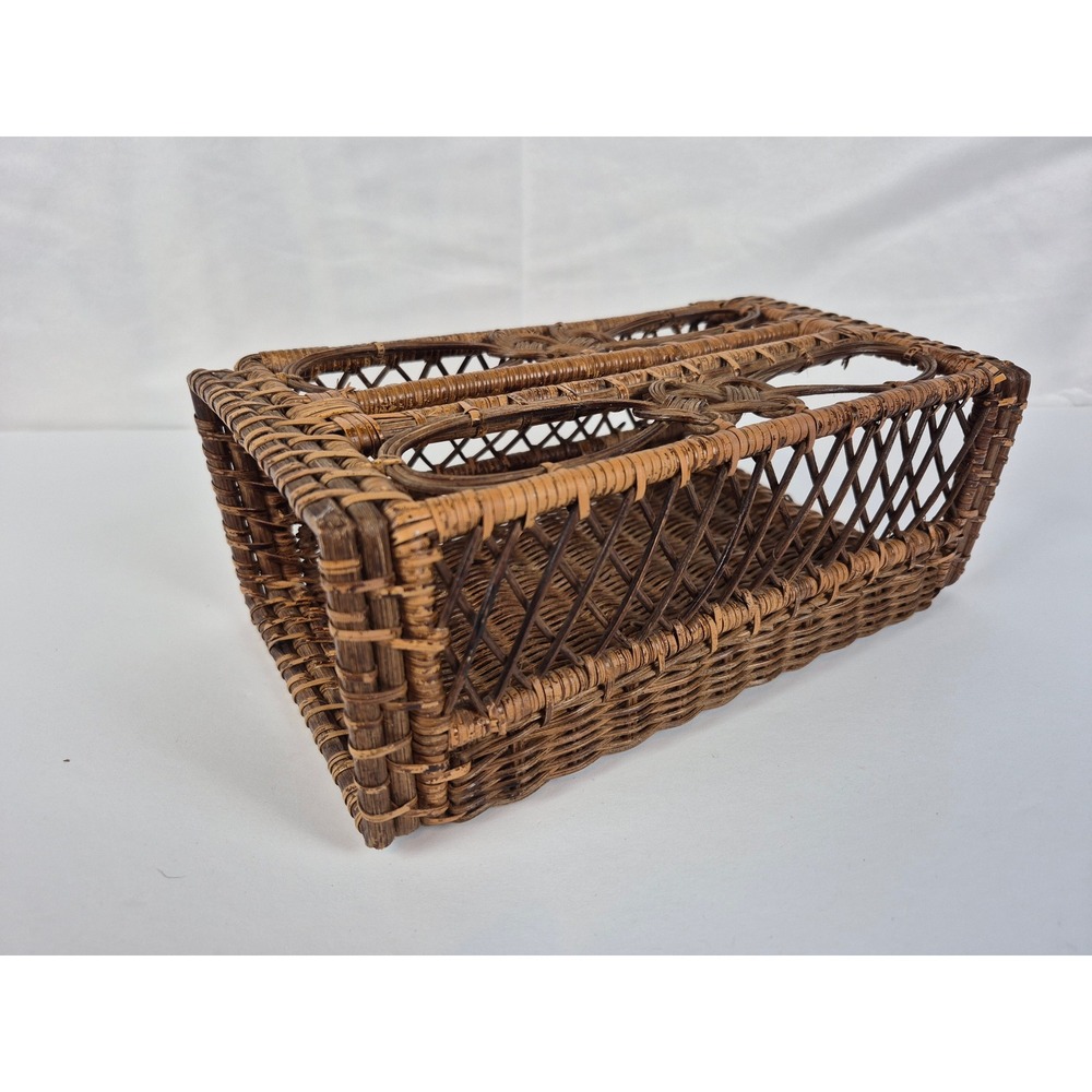 Vintage Wicker Rattan Tissue Box Cover Boho Coastal Bathroom Decor Holder Tiki